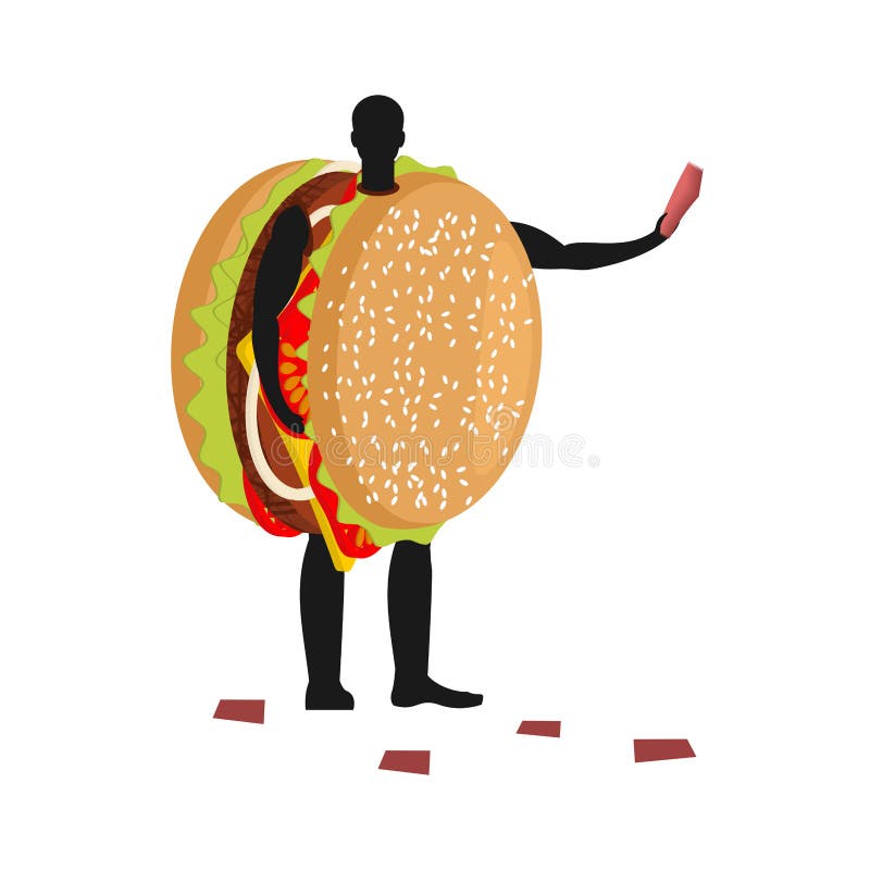 Tillskyndare för maskot för hamburgaredräktman Man i dräkthamburgaredistr vektor illustrationer