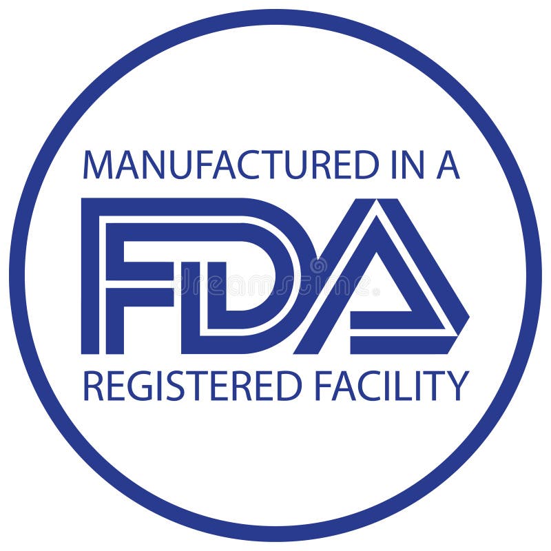 Manufactured in a FDA registered facility icon in round and blue white combination. For label and package designs. Manufactured in a FDA registered facility icon in round and blue white combination. For label and package designs