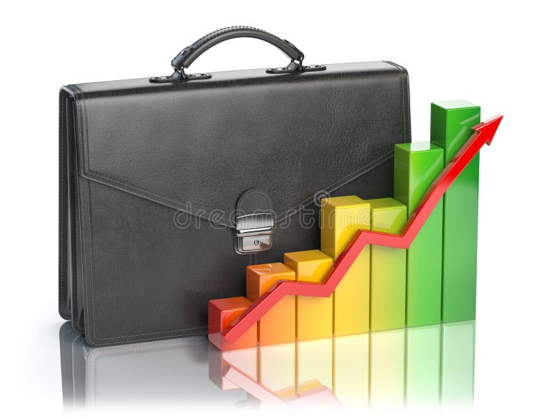 Growth of stock market portfolio concept. Briefcase and graph isolated on white background. 3d illustration. Growth of stock market portfolio concept. Briefcase and graph isolated on white background. 3d illustration