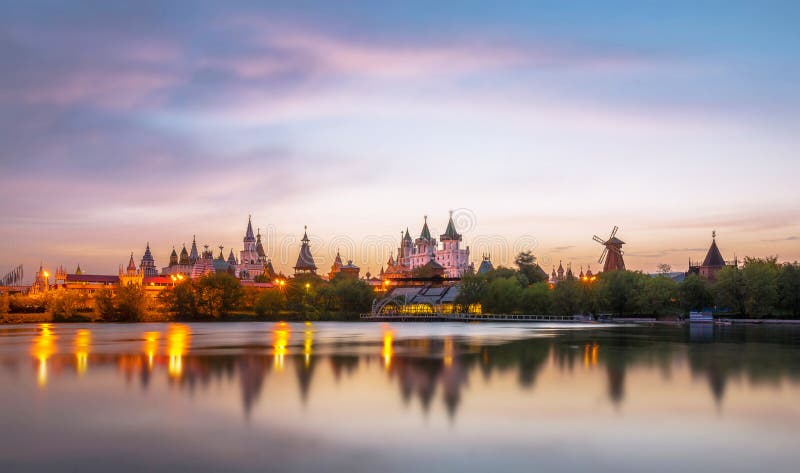 Tilt and shift view of sunset Kremlin in Izmailovo district of Moscow