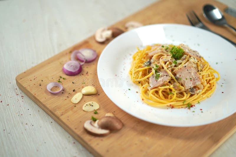 Tilted Angle Spaghetti Carbonara Restaurant Menu Stock Photo Image of