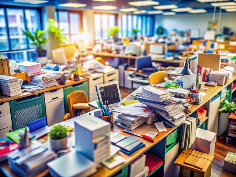 A TiltShift Perspective on Administrative Chaos A Cluttered Office Desk Overflowing with Paperwork Highlighting the royalty free illustration