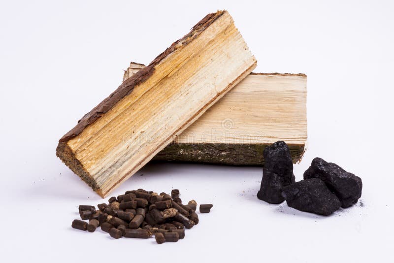 Timber, coal and biomass pellet on white background.