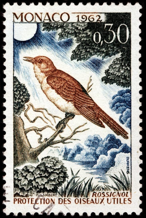 A stamp printed by MONACO shows thrush nightingale (Luscinia luscinia) also known as sprosser or chat - a small passerine bird. circa 1962. A stamp printed by MONACO shows thrush nightingale (Luscinia luscinia) also known as sprosser or chat - a small passerine bird. circa 1962