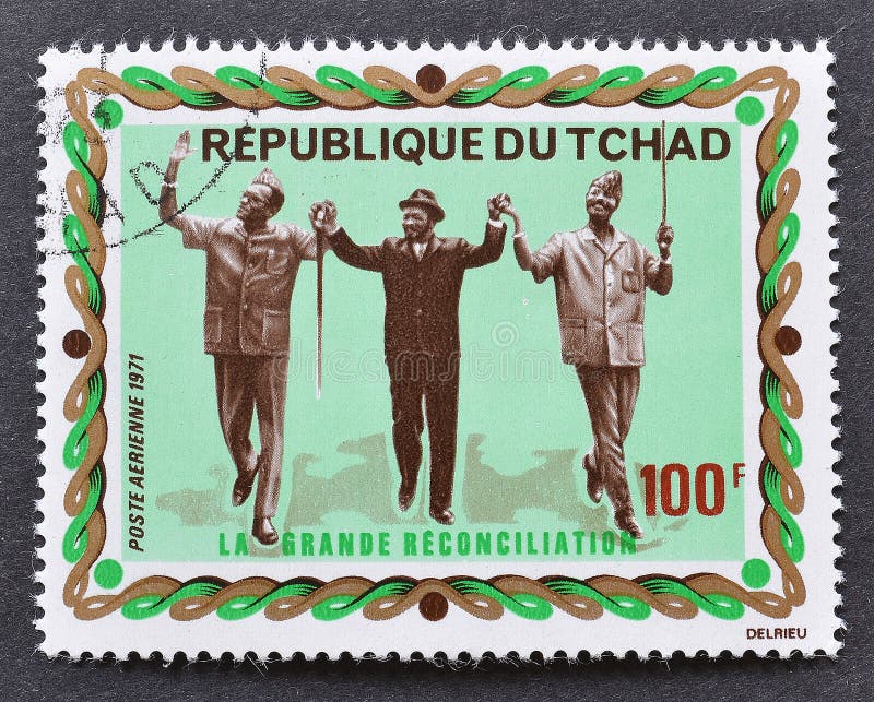Cancelled postage stamp printed by Chad, that shows The great reconciliation, circa 1972. Cancelled postage stamp printed by Chad, that shows The great reconciliation, circa 1972.