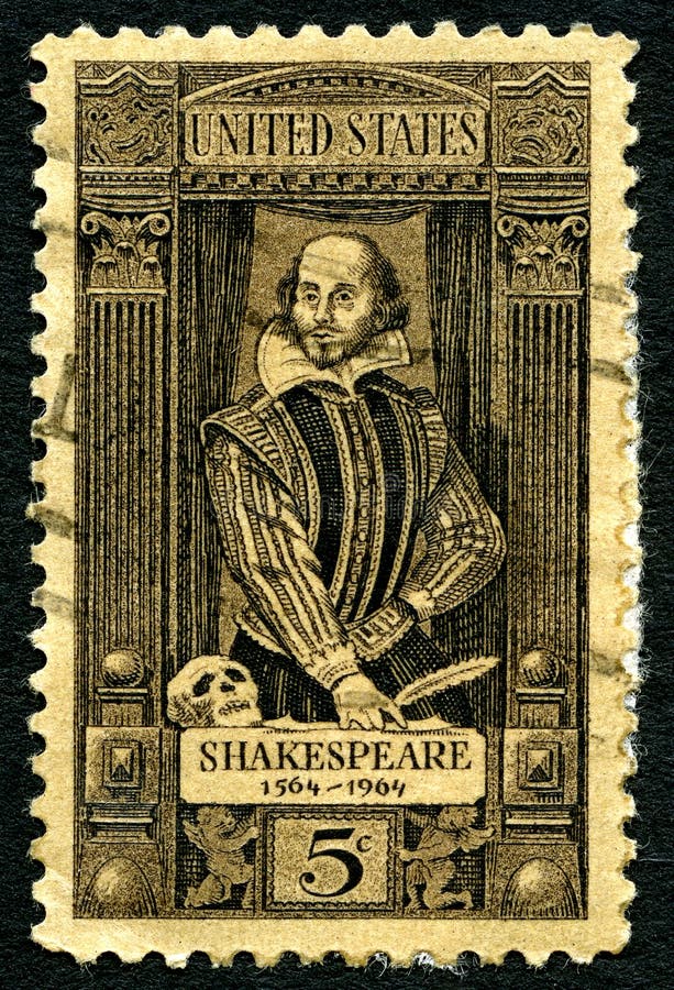 UNITED STATES OF AMERICA - CIRCA 1964: A used postage stamp from the USA, depicting a portrait of famous playwright William Shakespeare - celebrating his 400th birthday, circa 1964. UNITED STATES OF AMERICA - CIRCA 1964: A used postage stamp from the USA, depicting a portrait of famous playwright William Shakespeare - celebrating his 400th birthday, circa 1964.