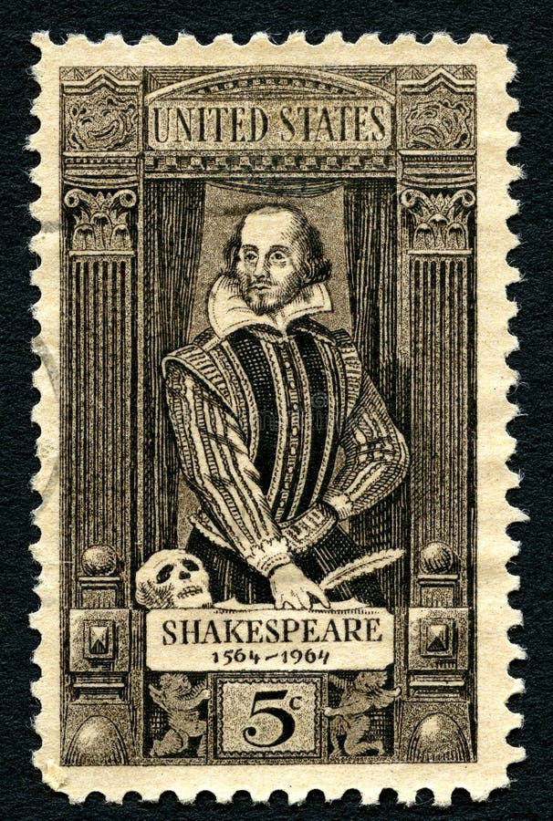 UNITED STATES OF AMERICA - CIRCA 1964: A postage stamp portraying an illustration of famous playwright William Shakespeare 1564-1616, circa 1964. UNITED STATES OF AMERICA - CIRCA 1964: A postage stamp portraying an illustration of famous playwright William Shakespeare 1564-1616, circa 1964.