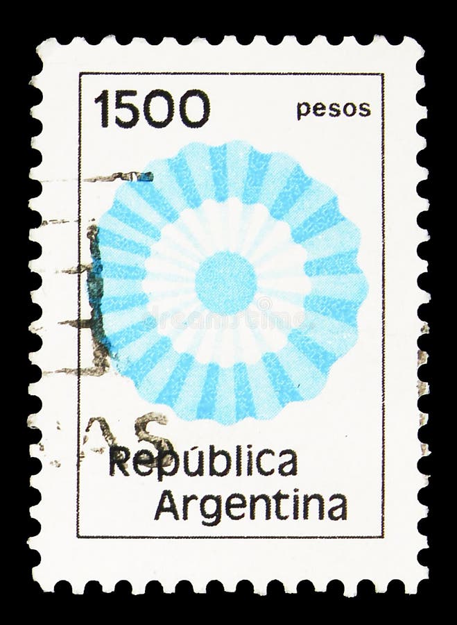 Timbre-poste imprimé en Argentine montre Cocade nationale, 1 500 $ L - Peso ley argentin, série, vers 1981