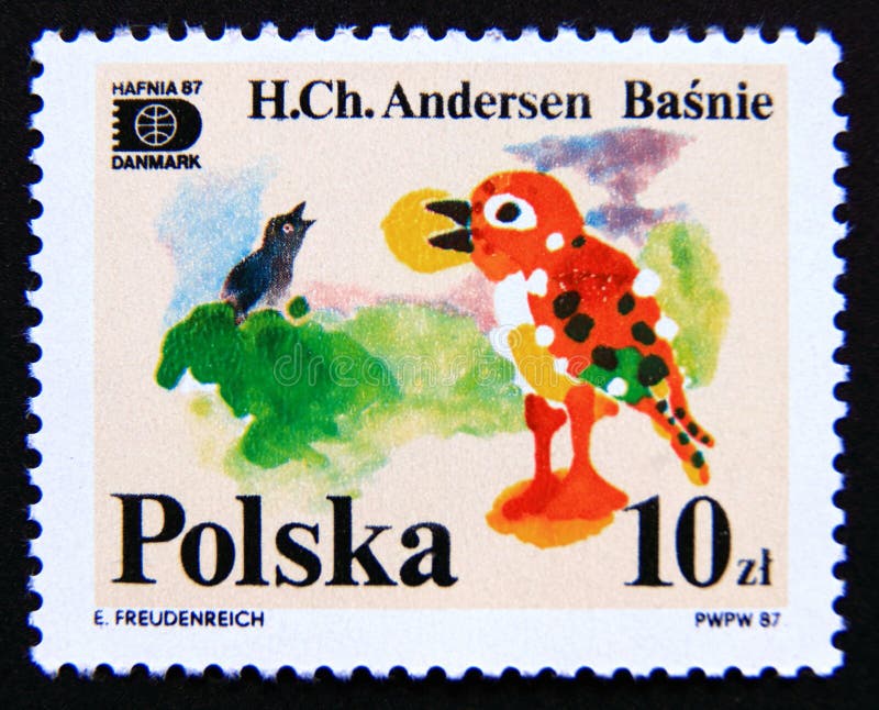 Post stamp printed in poland, 1987. The nightingale bird. Value 10 polish złoty. From the series hafnia 1987, fairy tales by h. c. andersen. Post stamp printed in poland, 1987. The nightingale bird. Value 10 polish złoty. From the series hafnia 1987, fairy tales by h. c. andersen.