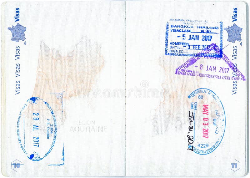 Stamps of Canada, United States and Thailand in a French passport. Personal data removed. Stamps of Canada, United States and Thailand in a French passport. Personal data removed