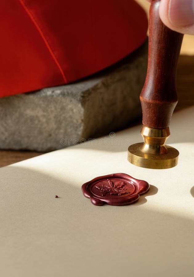 Timbro di cera sigillata su involucro con manico di legno alla luce del sole.
