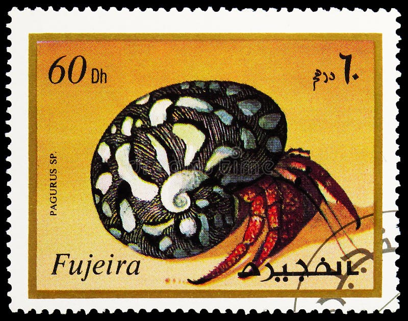 Timbro postale stampato a Fujairah mostra Hermit Crab (Pagurus sp) ), Marine Life, 1972 circa fotografia stock Timbro postale stampato a Fujairah mostra Hermit Crab (Pagurus sp) ), Marine Life, 1972 circa fotografia stock