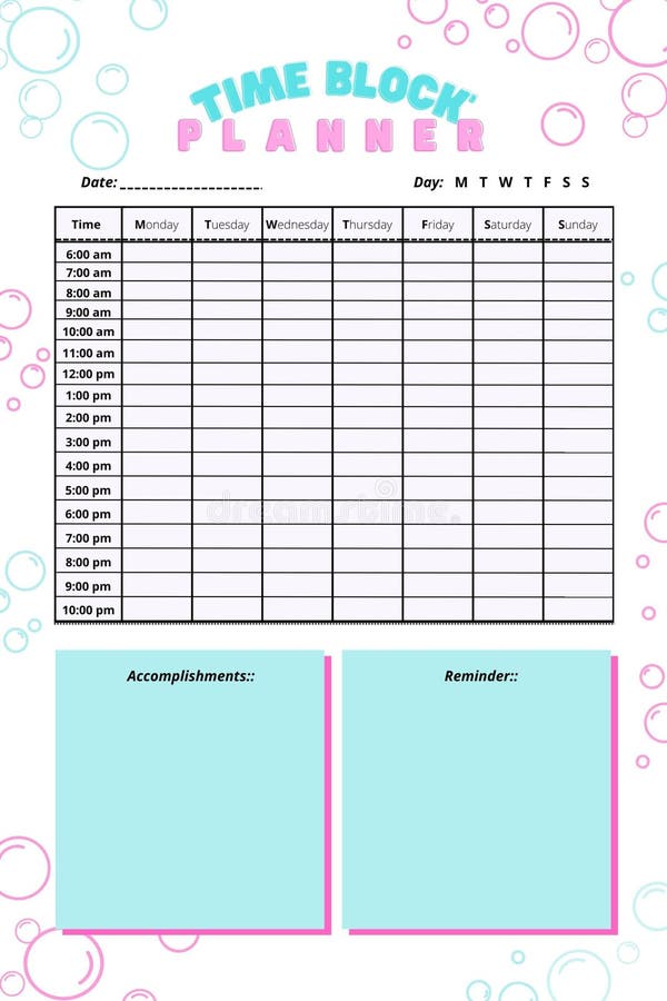 Time Block Planner Digital Printable Blank Template Insert Stock
