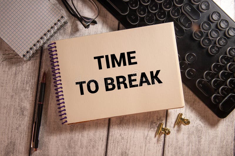 Time for a break text on a yellow sticky note at the office. Lunch break concept. Regenerate stock images, royalty-free photos and pictures