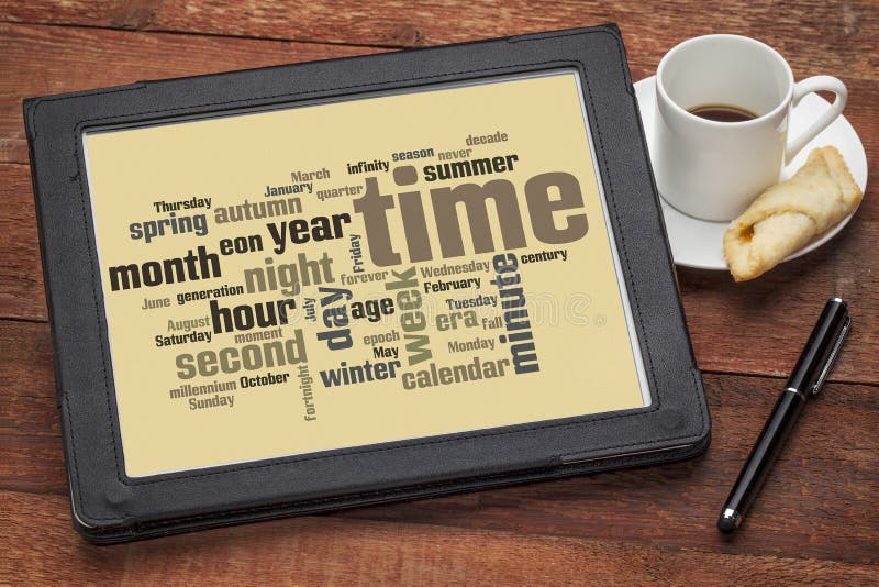 Cloud of words related to time and calendar from seconds to months, years and eons on a digital tablet. Cloud of words related to time and calendar from seconds to months, years and eons on a digital tablet