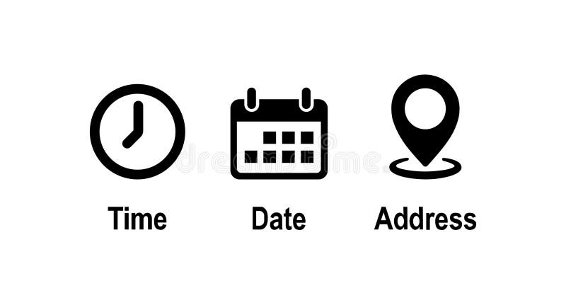 Time, date and address icon set. Calendar, clock, location. Editable stroke. vector illustration