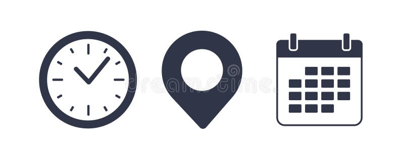 Time, date and address icon set. Travel concept or booking. Calendar, clock, location. Editable vector. Filled vector stock illustration