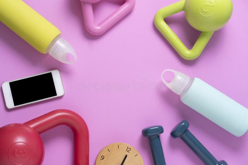 Time for Exercising Sport Equipment, Kettlebell, Dumbbell with Pink Yoga  Mat Background Stock Image - Image of muscle, object: 257203637