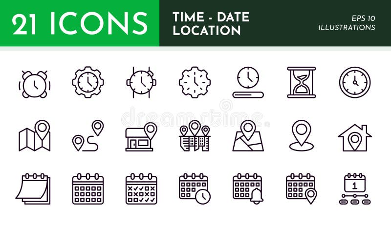 Time icons. Calendar date. Line clock symbol. Map location or event pin. GPS roadmap. Address delivery to home vector illustration