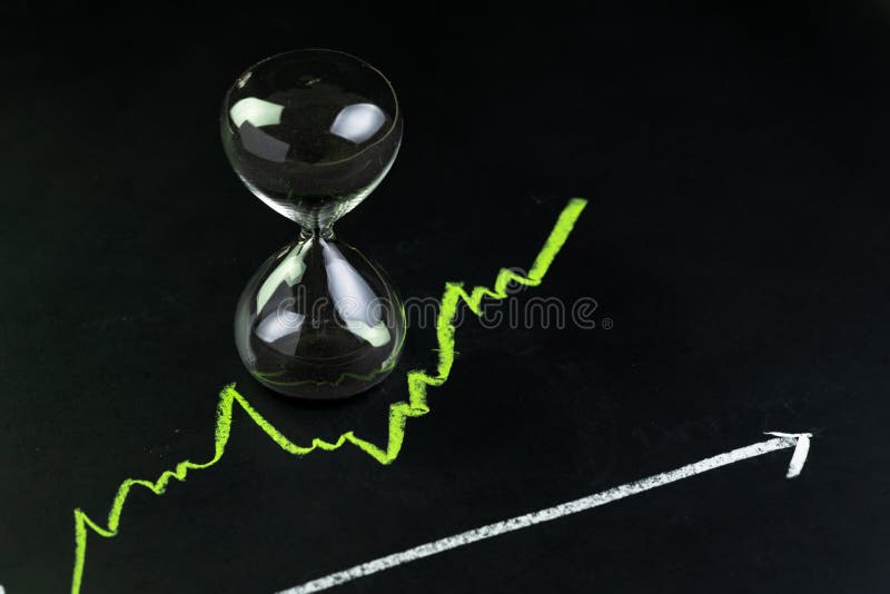 Time for invest or long term investment concept, hourglass or sandglass with black sand inside on stock market green line rising stock photo Time for invest or long term investment concept, hourglass or sandglass with black sand inside on stock market green line rising stock photo