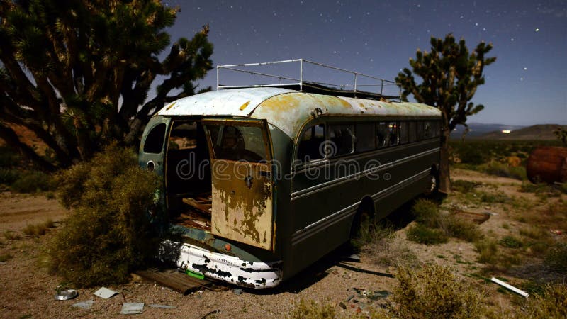 Time Lapse of Abandon Bus at Night in the Desert - 4K