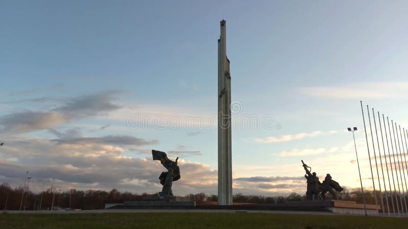 Time Lapse Sunset View of the Victory Park in Riga, Latvia. Victory Monument.