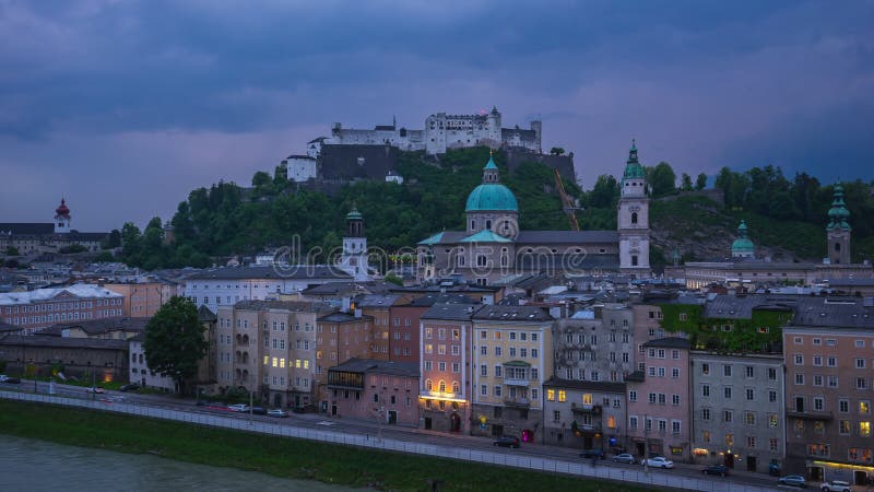 Time lapse video of Salzburg city skyline at night in Austria timelapse 4K