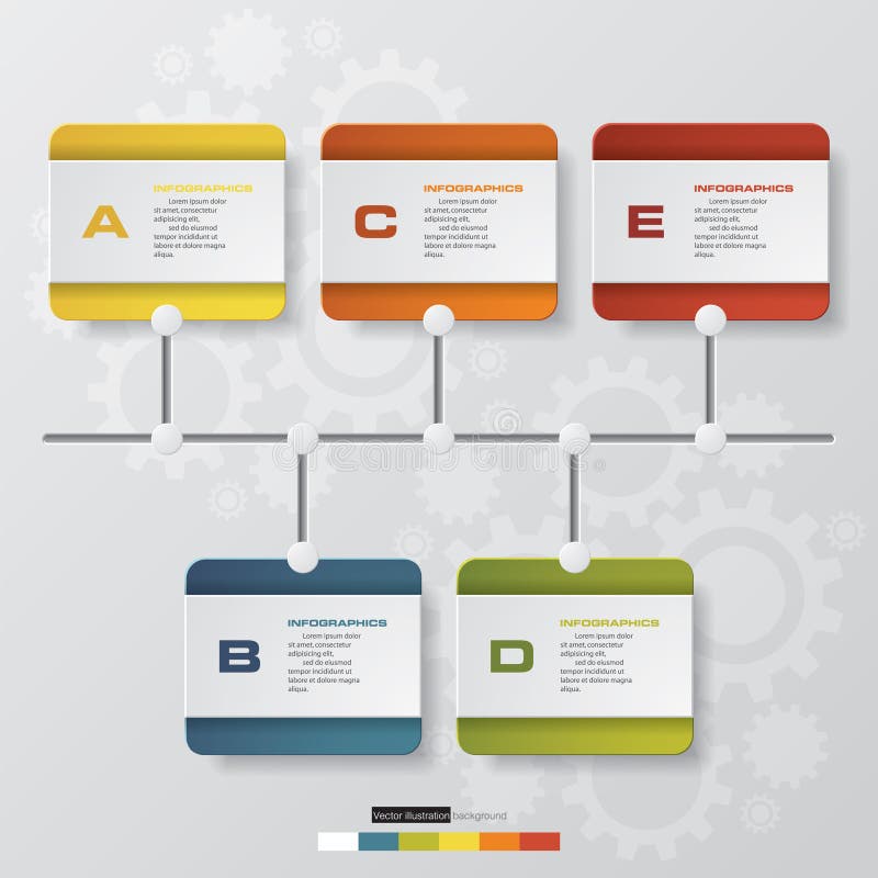 Time line description. 5 steps timeline infographic with gear shape background.