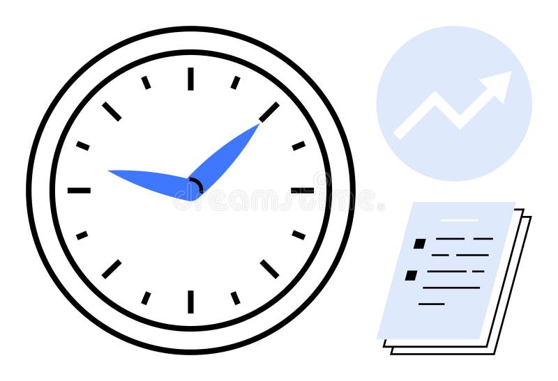 Time Management Concept with Clock, Growth Chart, and Document Checklist royalty free illustration