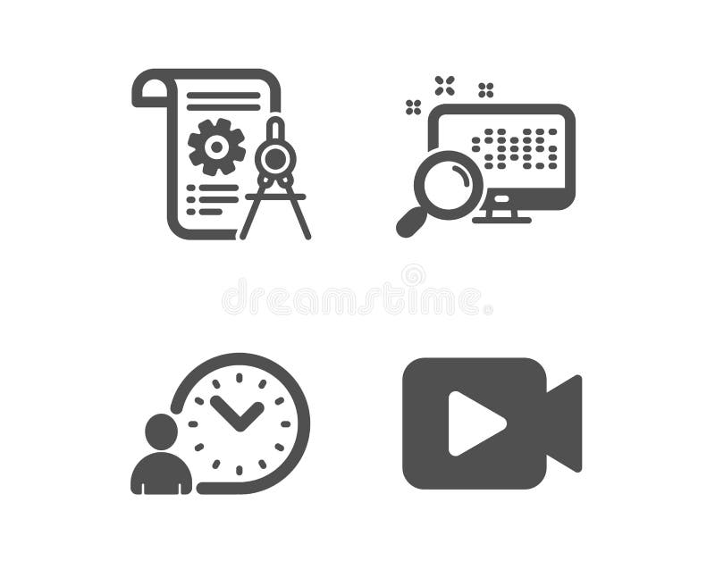 Time management, Divider document and Search icons. Video camera sign. Work time, Report file, Find file. Vector stock illustration
