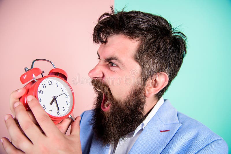 Time management skills. How much time till deadline. Time to work. Man bearded aggressive businessman hold clock. Stress concept. Hipster stressful working schedule. Businessman has lack of time.