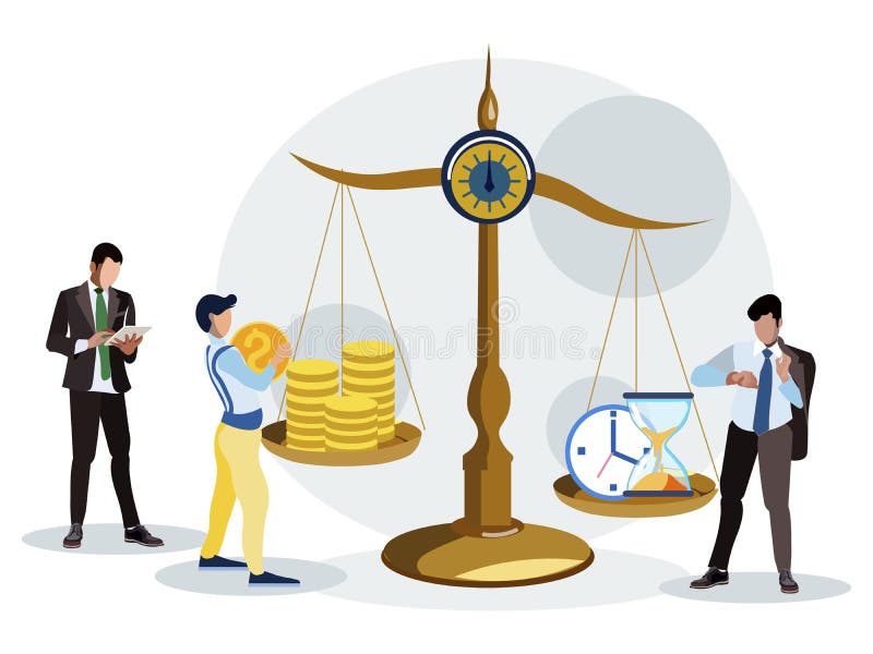 Time is money. Estimation of the working hours. In minimalist style. Cartoon flat raster royalty free illustration