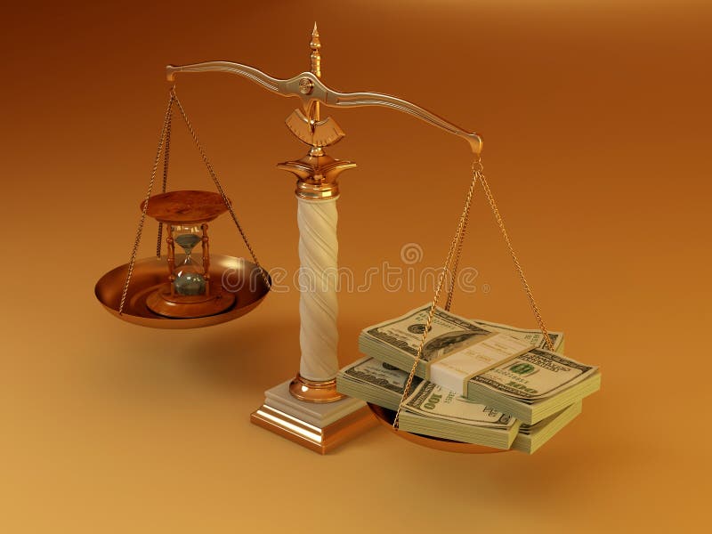 Time is money. Money and hourglass on scale vector illustration