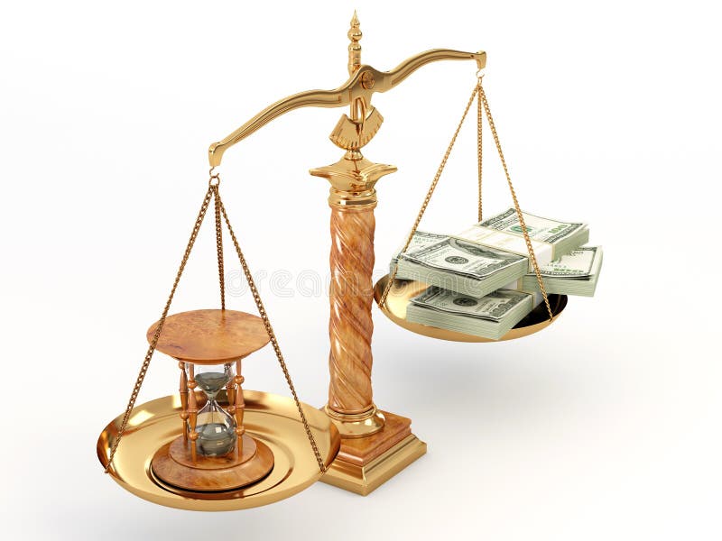 Time is money. Money and hourglass on scale royalty free illustration