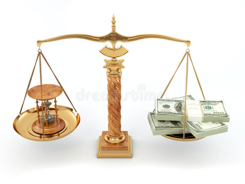 Time is money. Money and hourglass on scale stock illustration
