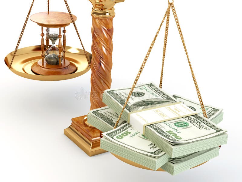 Time is money. Money and hourglass on scale royalty free illustration