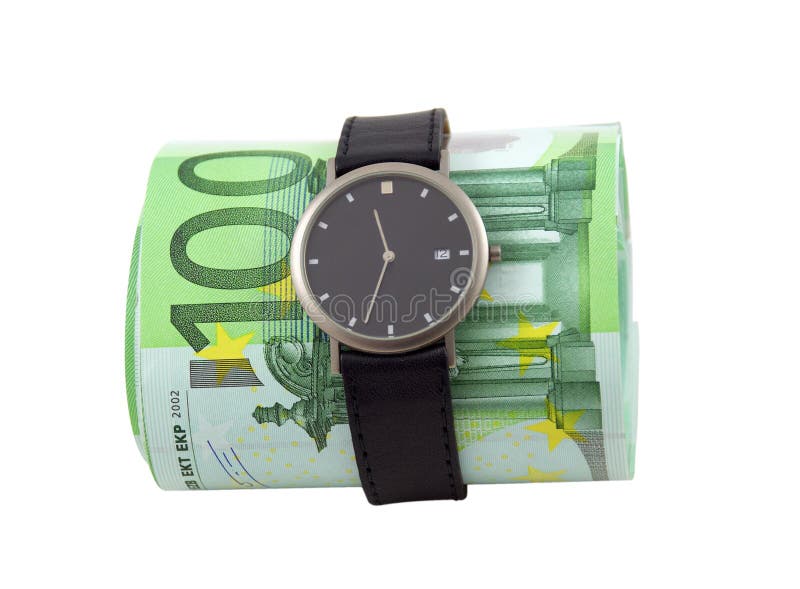 Time is money. Watch and 100 euro bills on white