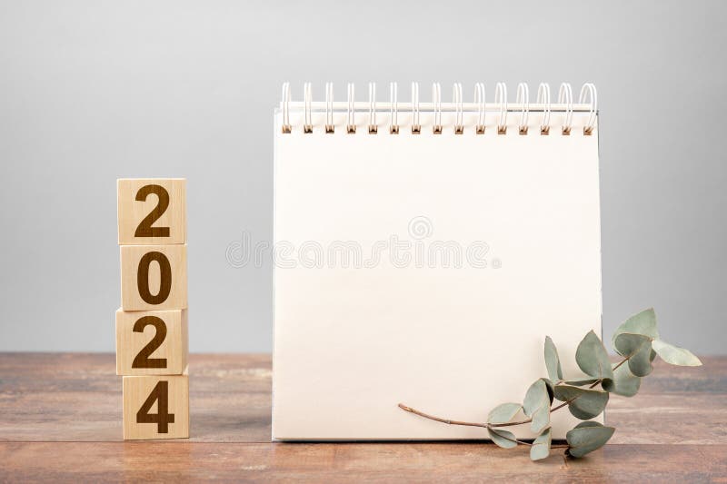 2024 Time for New Start. Plan Words and 2024 Cubes Wooden Table