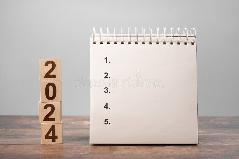 2024 Time for New Start. Plan Words and 2024 Cubes Wooden Table