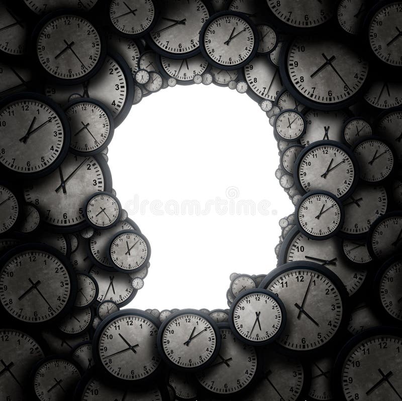 Time to think and thinking schedule concept as a group of clock objects shaped as a human head as a business punctuality and appointment stress metaphor or deadline pressure and overtime icon as a 3D illustration.