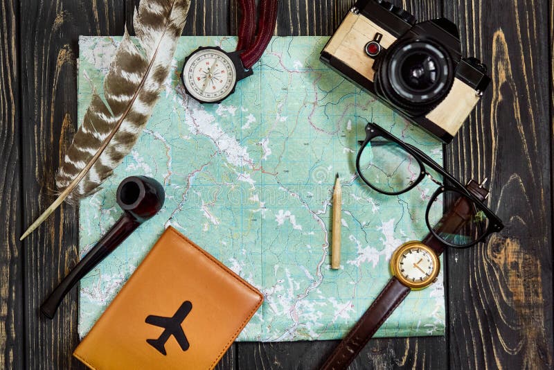 Time to travel concept, hipster flat lay. map passport compass a