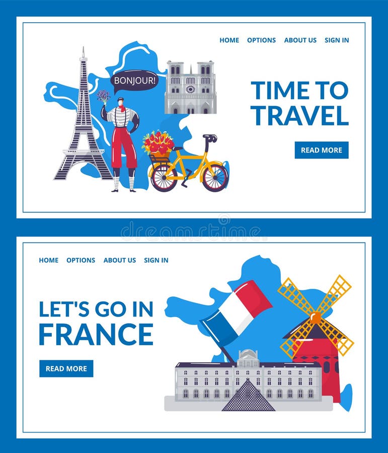 Time to travel, lets go in France, studying landing set vector illustration. Website page learning foreign language royalty free illustration