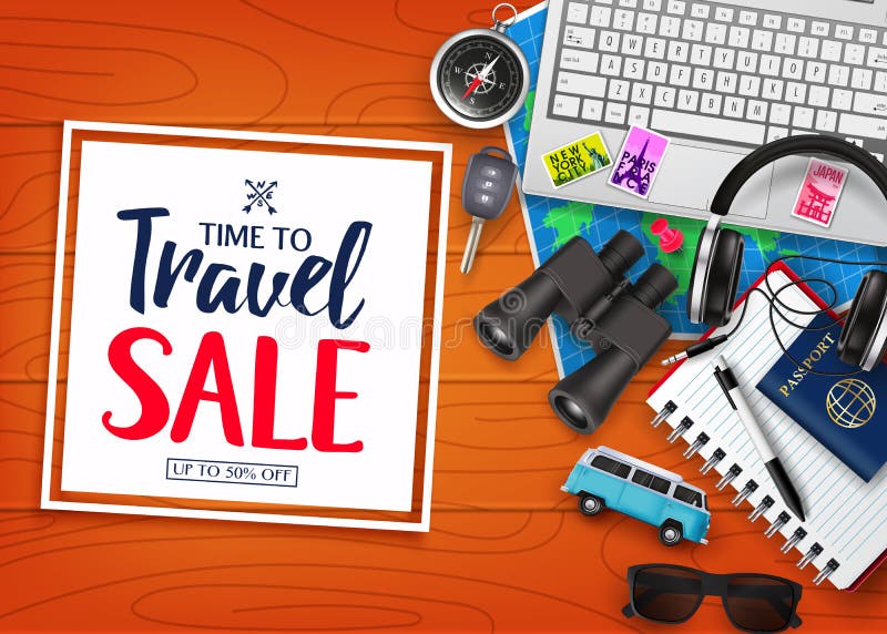 Time To Travel Sale in Square with Frame White Space for Text in Top of Wood Plank Table with Realistic royalty free illustration Time To Travel Sale in Square with Frame White Space for Text in Top of Wood Plank Table with Realistic royalty free illustration