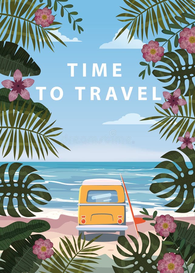 Time to travel Summer holidays vacation seascape landscape ocean sea beach, coast. Bus surfboard, retro, tropical leaves. Time to travel Summer holidays vacation seascape landscape ocean sea beach, coast. Bus surfboard, retro, tropical leaves