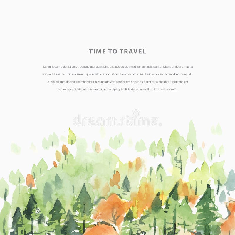 Time to Travel watercolor autumn hand draw vector illustration with coniferous forest. Travel template frame for invitation