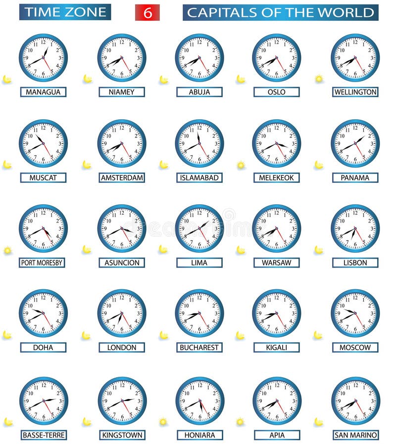 Timezone set - 6 of 8. 20 Different clocks showing time around the world. The complete set lists all capitals of the world. The work is subdivided in 8 files. Vector available. Timezone set - 6 of 8. 20 Different clocks showing time around the world. The complete set lists all capitals of the world. The work is subdivided in 8 files. Vector available