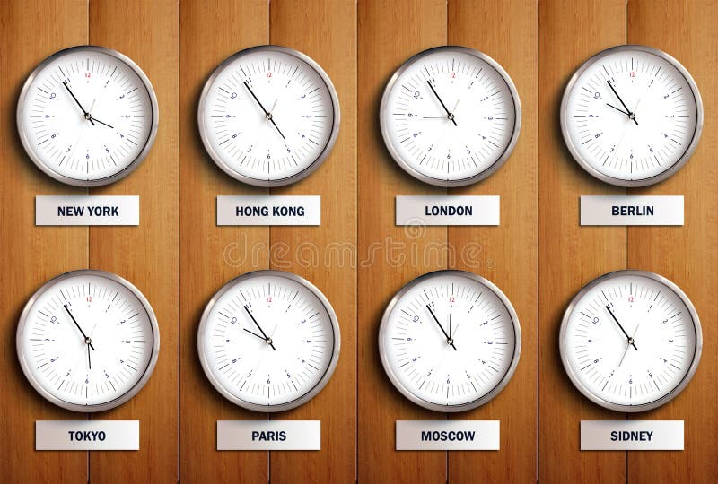 Uhren mit verschiedenen Städten der Zeit.