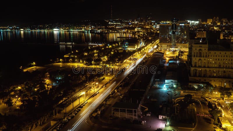 Timelapse of Baku city traffic and Caspian sea at night, Azerbaijan