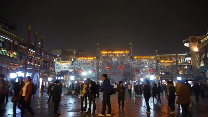 Timelapse crowd walk on Chinatown,China Beijing night market,Neon ancient shop.