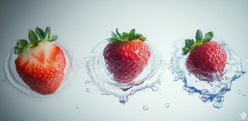 Timeless image: Strawberries, full and ripe, floating in clear water, against a white backdrop stock image